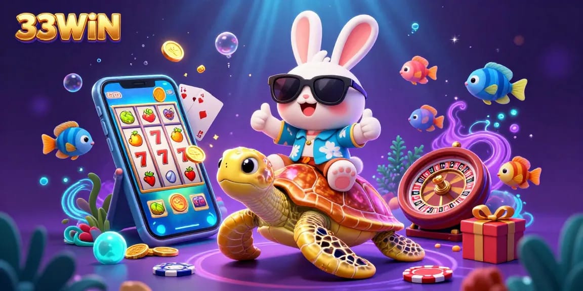 Experience 33WIN's excitement with a vibrant illustration showcasing a lucky rabbit, golden turtle, and casino elements.