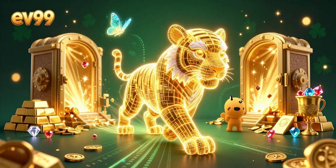 Spin the reels and win big with ev99 in this vibrant digital casino landscape illustration.