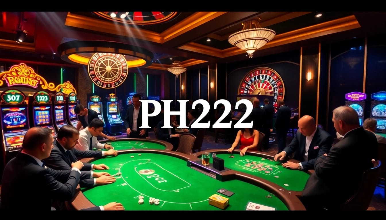 Play exciting games at PH222 Casino with vibrant tables, slot machines, and engaging players.