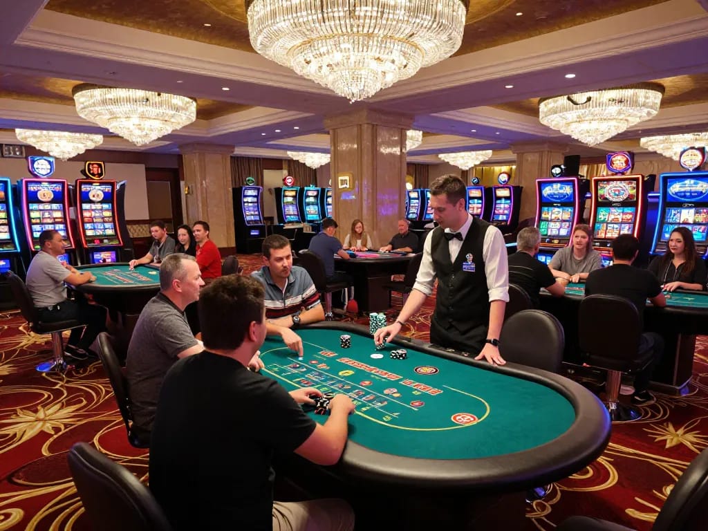 Players engaged at fah999 casino tables, capturing the excitement of gambling in a vibrant atmosphere.