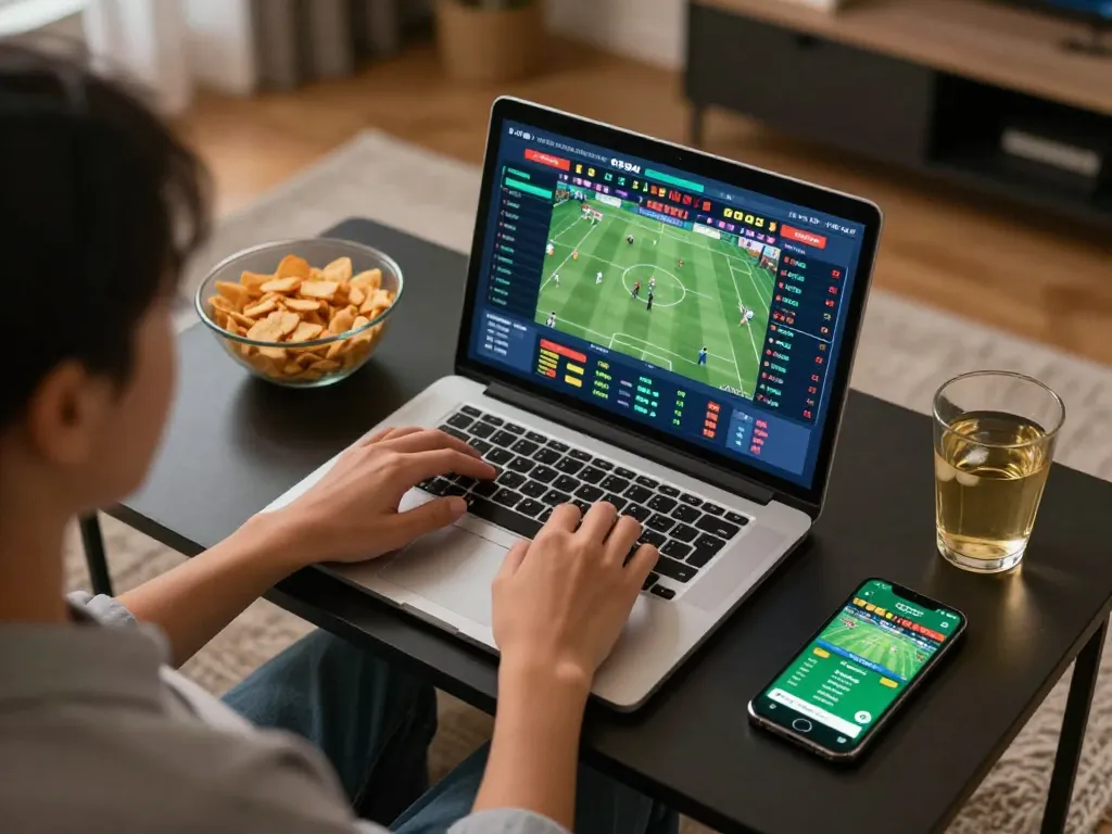 Engaging in sports betting at home using tg88, displaying live odds and exciting sportsbook interface.