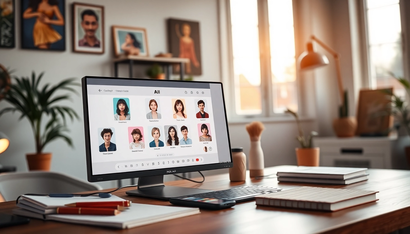 Engaging workspace showcasing computer with the best nsfw ai chat interface and character avatars.