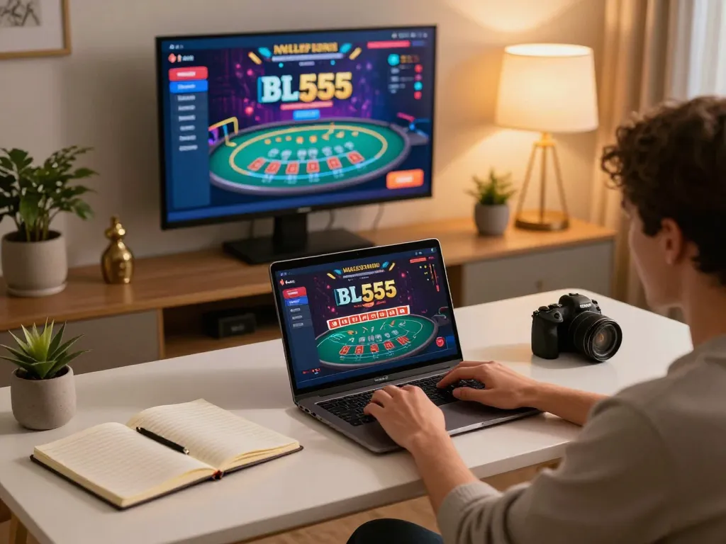 Engaged player exploring the thrilling games at BL555 online casino from a cozy home workspace.