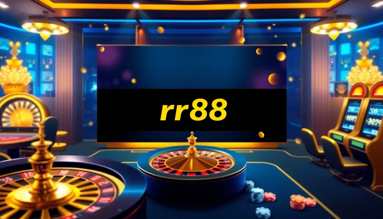 rr88 đăng nhập with an elegant casino interface featuring poker chips and slot machines.
