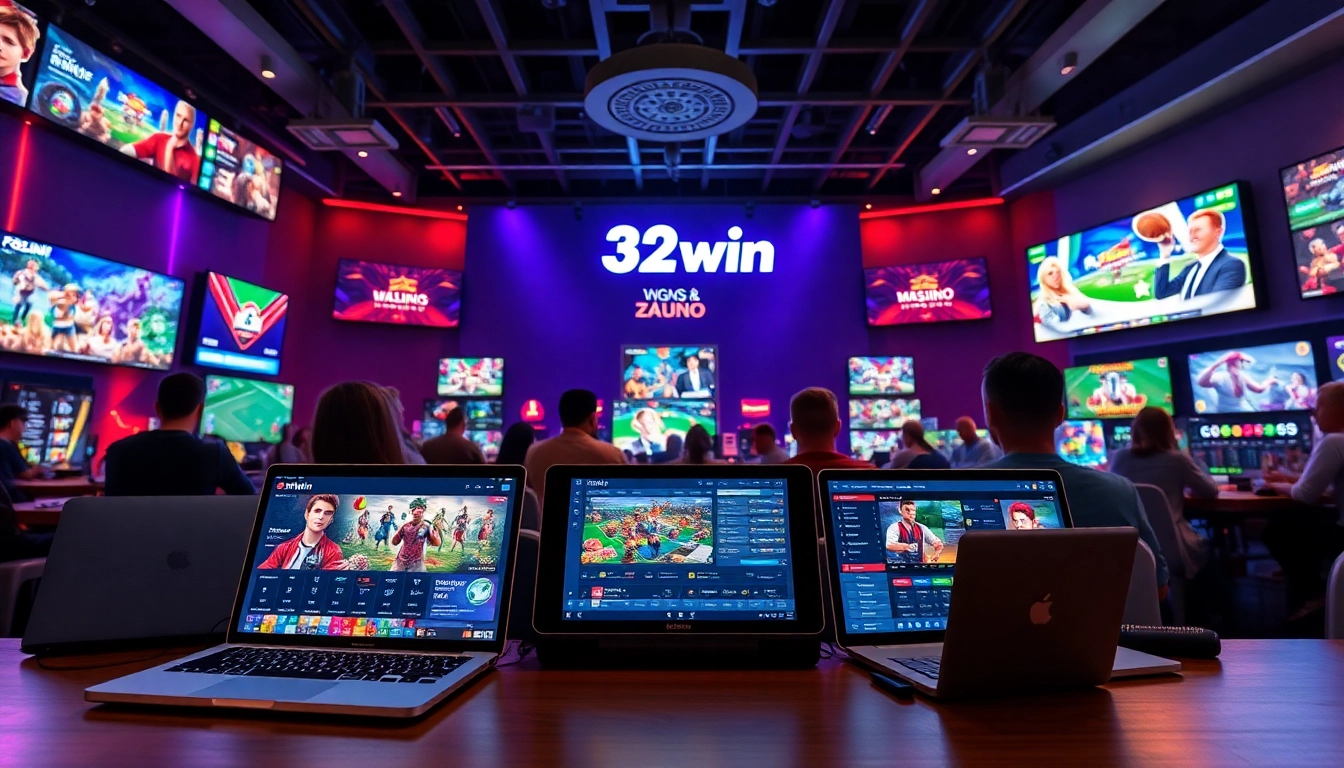 Engaging scene showcasing Nhà cái 32win online gaming platform with vibrant betting interfaces.