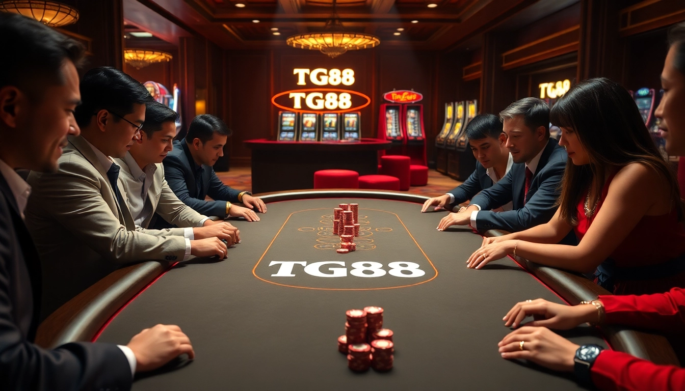 Players at a TG88 poker table engage in an exciting game, showcasing high-stakes gambling.