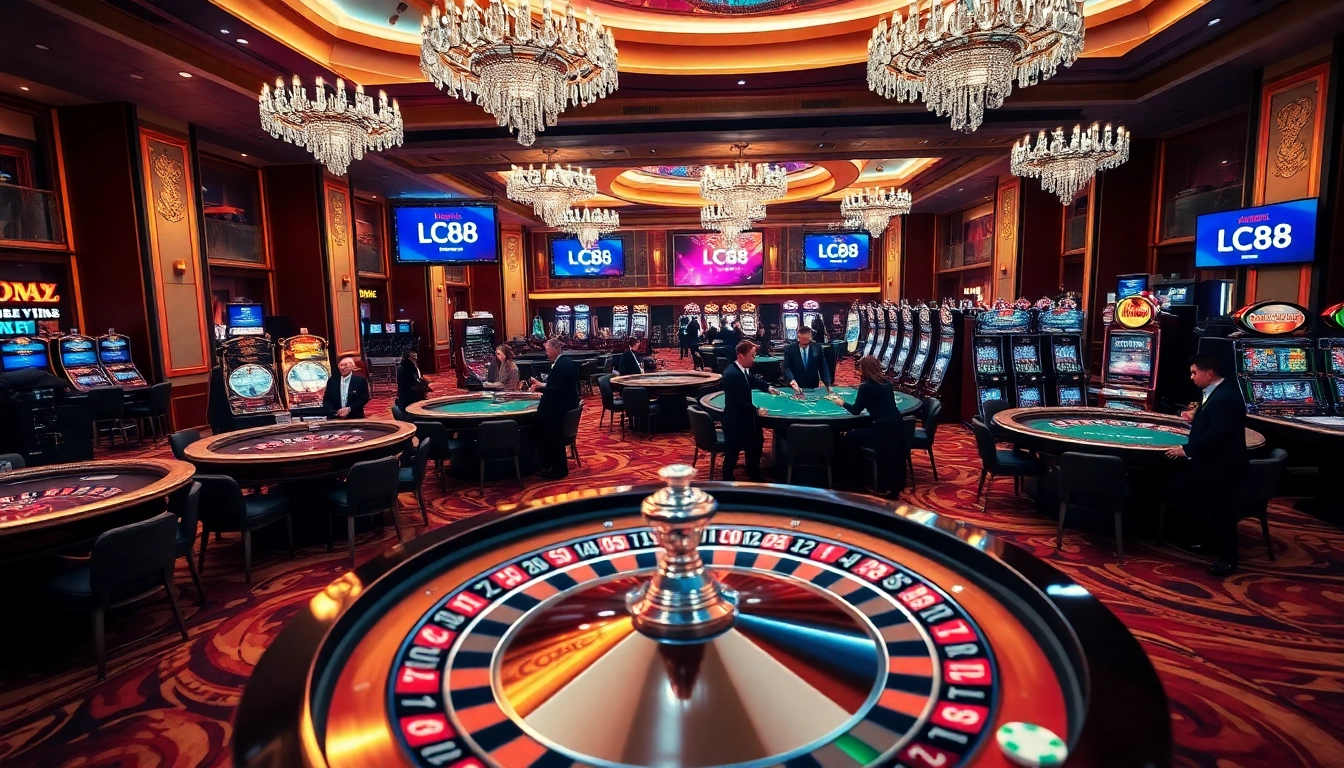 Experience LC88 excitement with players engaging at roulette and poker tables in a vibrant casino atmosphere.