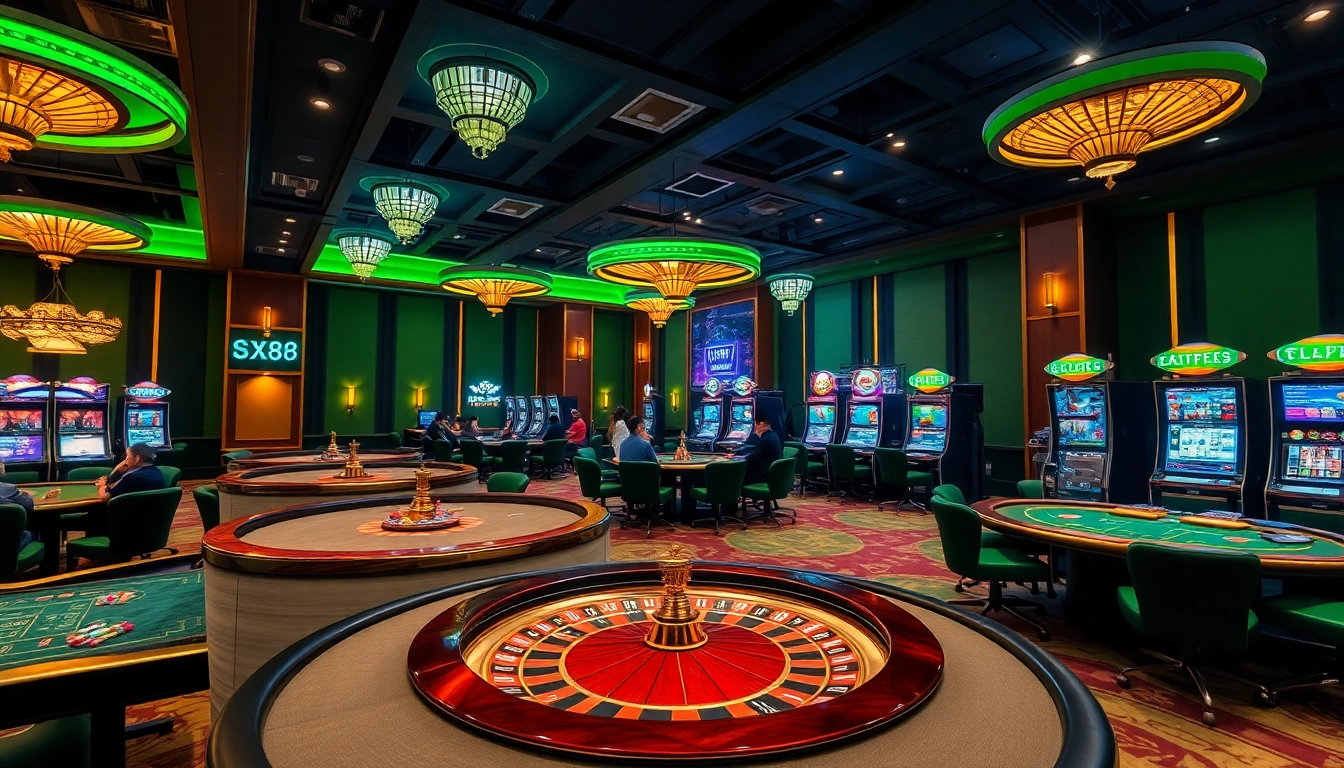 SX88 casino players enjoying vibrant poker games with luxurious tables and colorful chips.