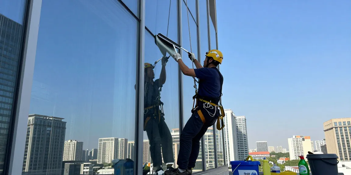 Window cleaner performing glasreinigung preis in urban setting, showcasing sparkling city views.