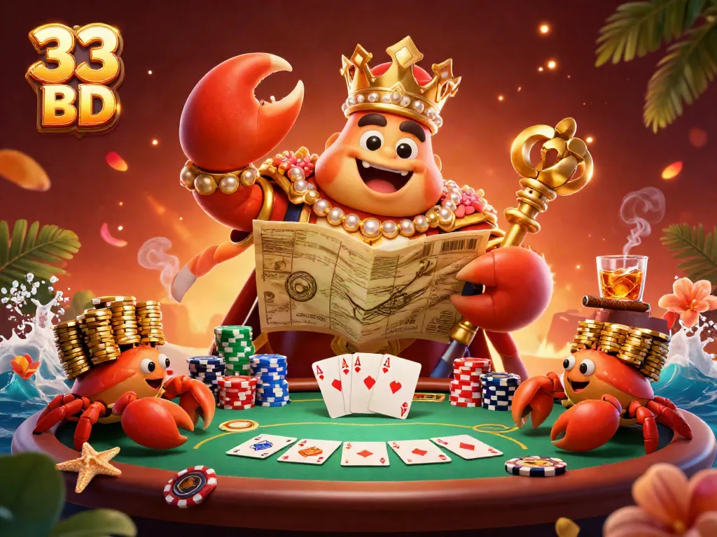 Interact with 33 BD's dynamic poker scene featuring a golden crab emperor and stacked chips.