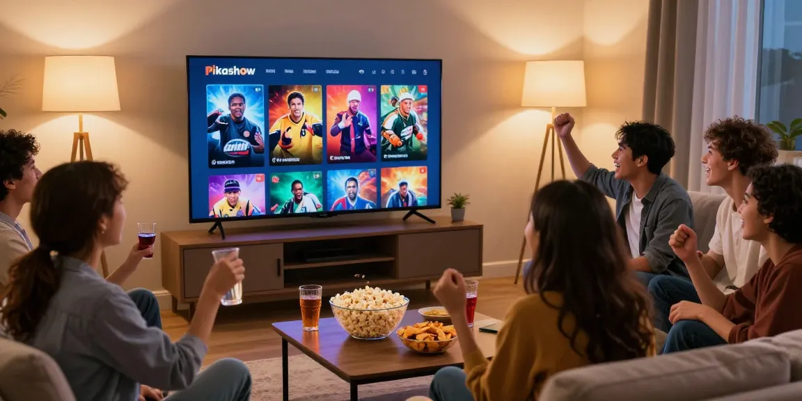Pikashow APK download shown on smart TV with friends enjoying movie night.