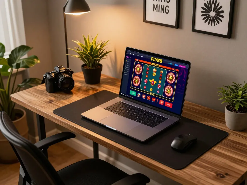 Engaging moment of online gaming at FLY88 with laptop showcasing vibrant game interface.
