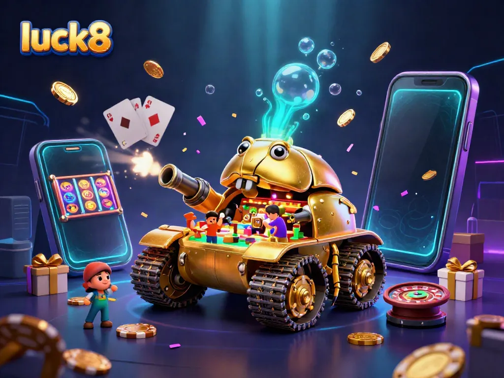 Luck8 themed 3D casino scene featuring a golden beetle tank and vibrant game elements.