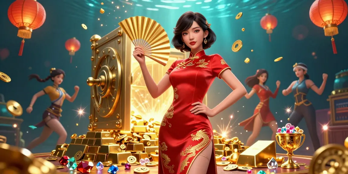 Engage with LC88's vibrant casino atmosphere, featuring stunning Asian woman in qipao amidst treasures.