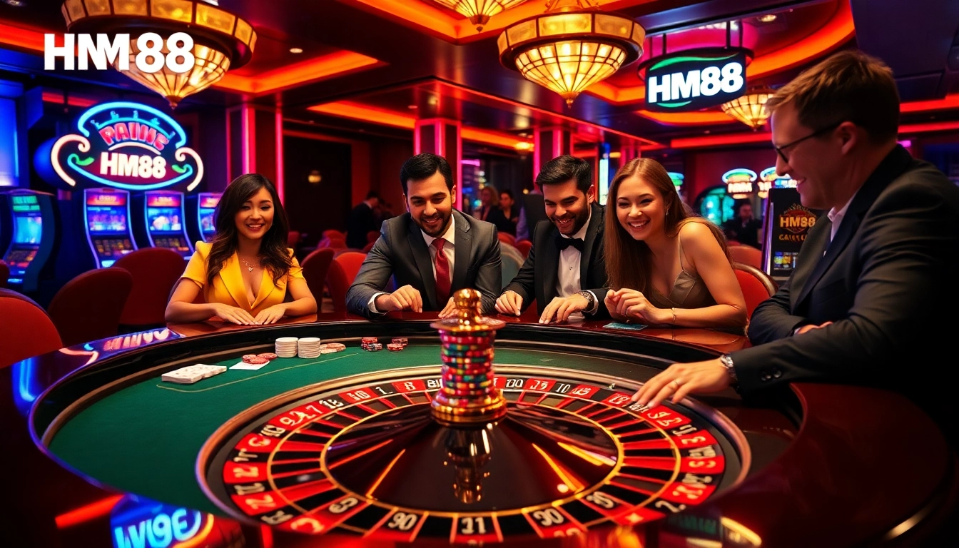 Experience the thrill of HM88 casino gaming with poker chips and a roulette table.