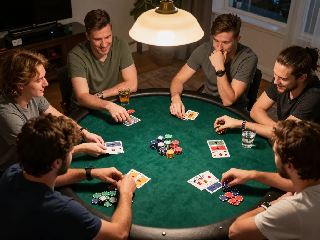 8xbet players strategizing during a home poker night with colorful chips and cards on the table