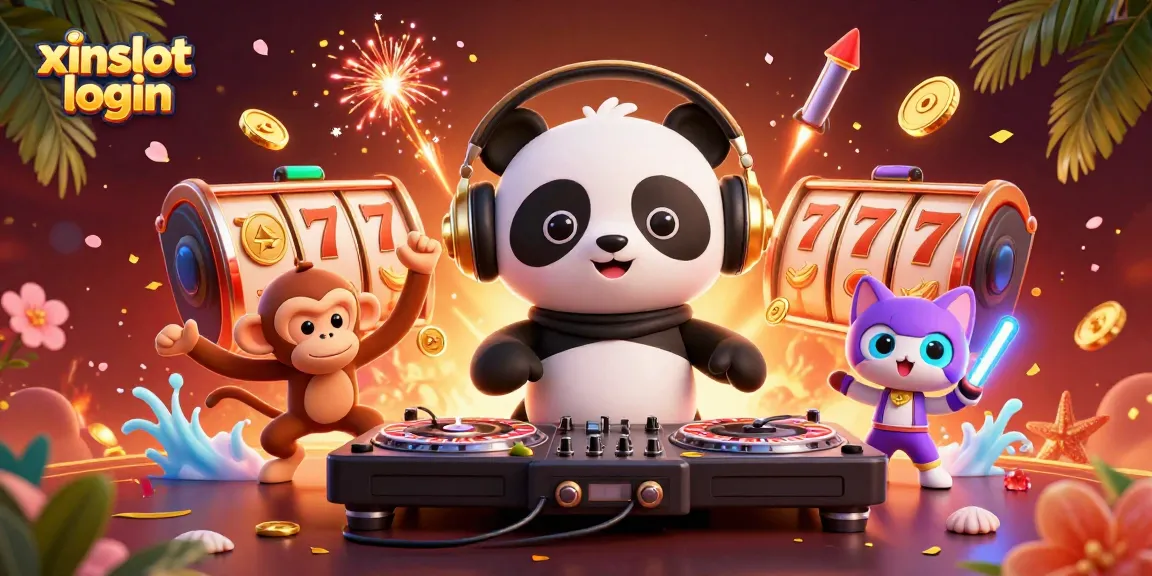 Spin with excitement at xinslot login, featuring a DJ panda and festive symbols in a lively casino scene.