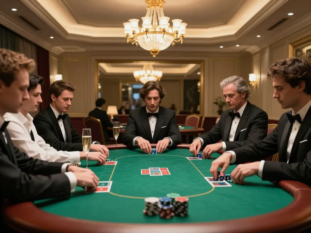 mm88 VIP poker game in a luxurious setting with players analyzing hands and champagne, capturing the essence of high-stakes gambling.