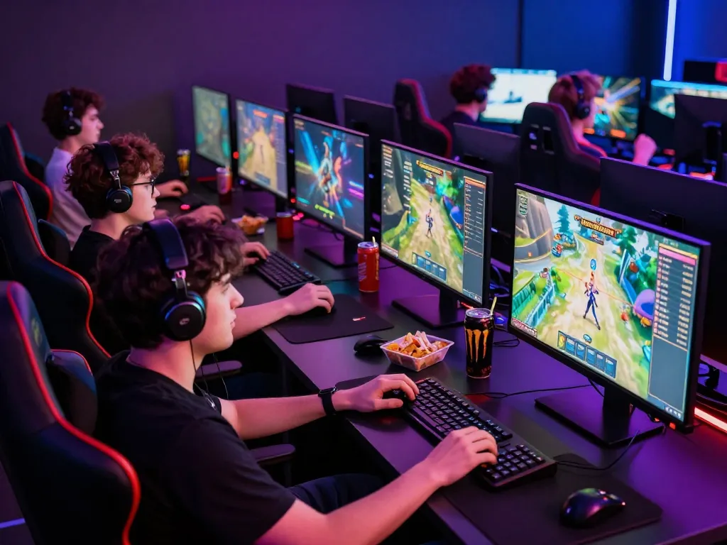 Players engaged in exhilarating Bomwin games in a high-tech gaming lounge.