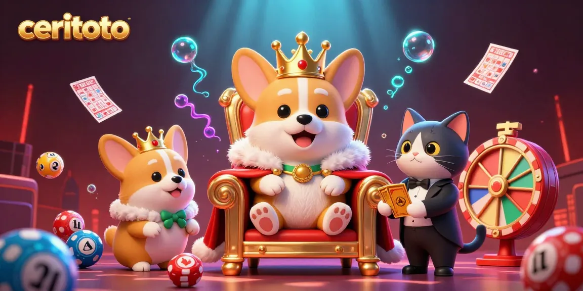 Ceritoto features an enchanting 3D illustration encapsulating cartoon corgis immersed in a vibrant lottery game scene.