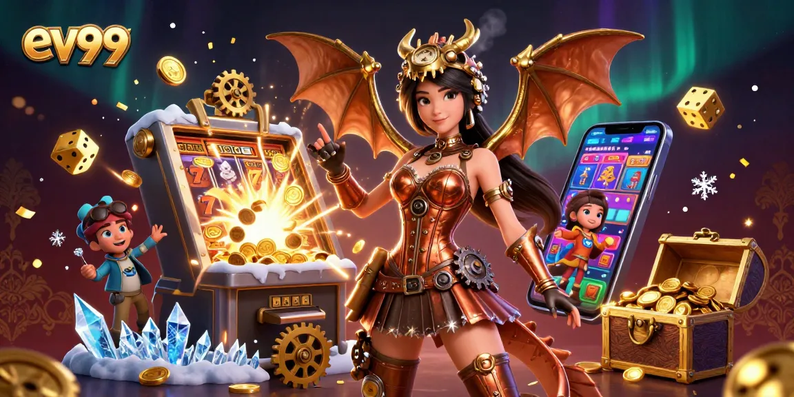 Win big with ev99 at this vibrant 3D casino scene showcasing slot excitement and playful elements.