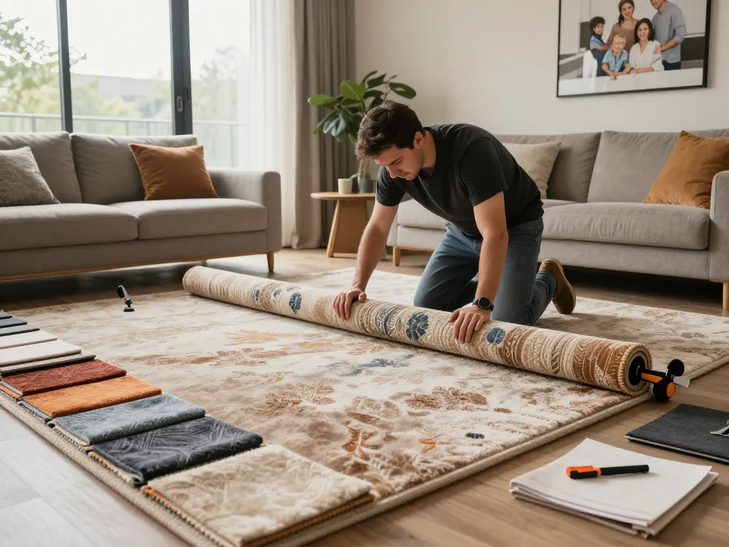 Carpet fitting services West London in a modern living room with a professional fitter installing plush carpet.