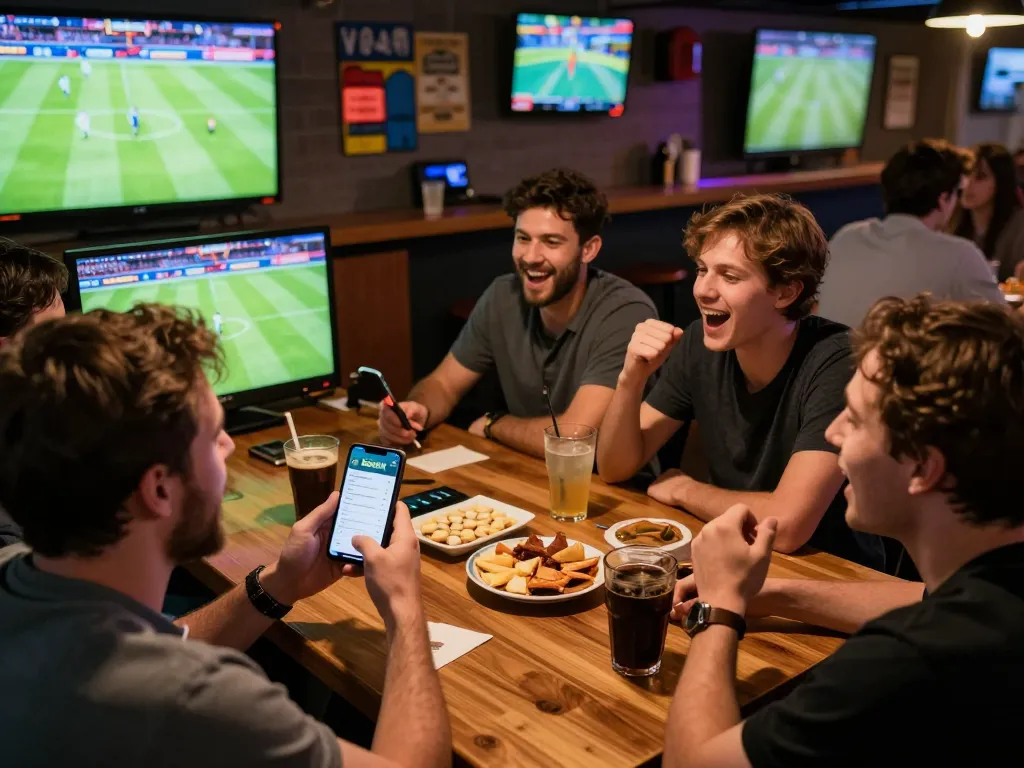 Socolive live sports betting scene with friends watching a match and using a betting app.