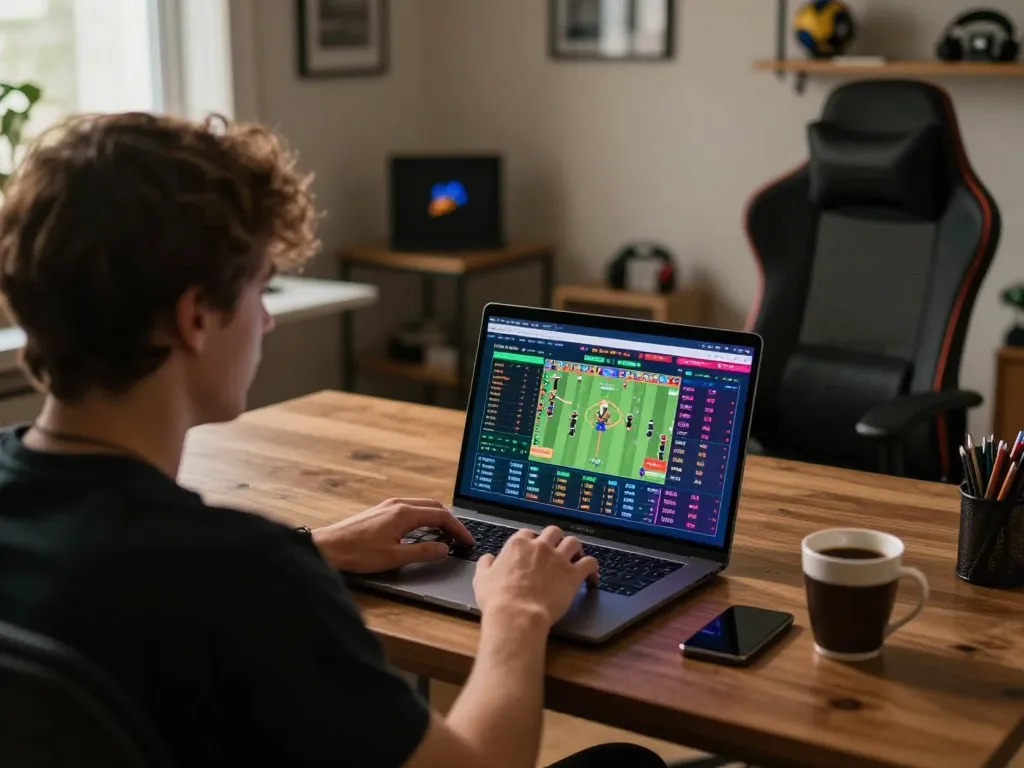 Bong88 user placing a sports bet on a laptop in a cozy home setup with engaging odds displayed