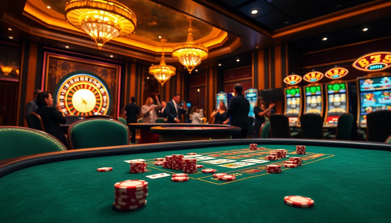 Experience thrilling gameplay at b52 with vibrant casino tables, poker chips, and a spinning roulette wheel.