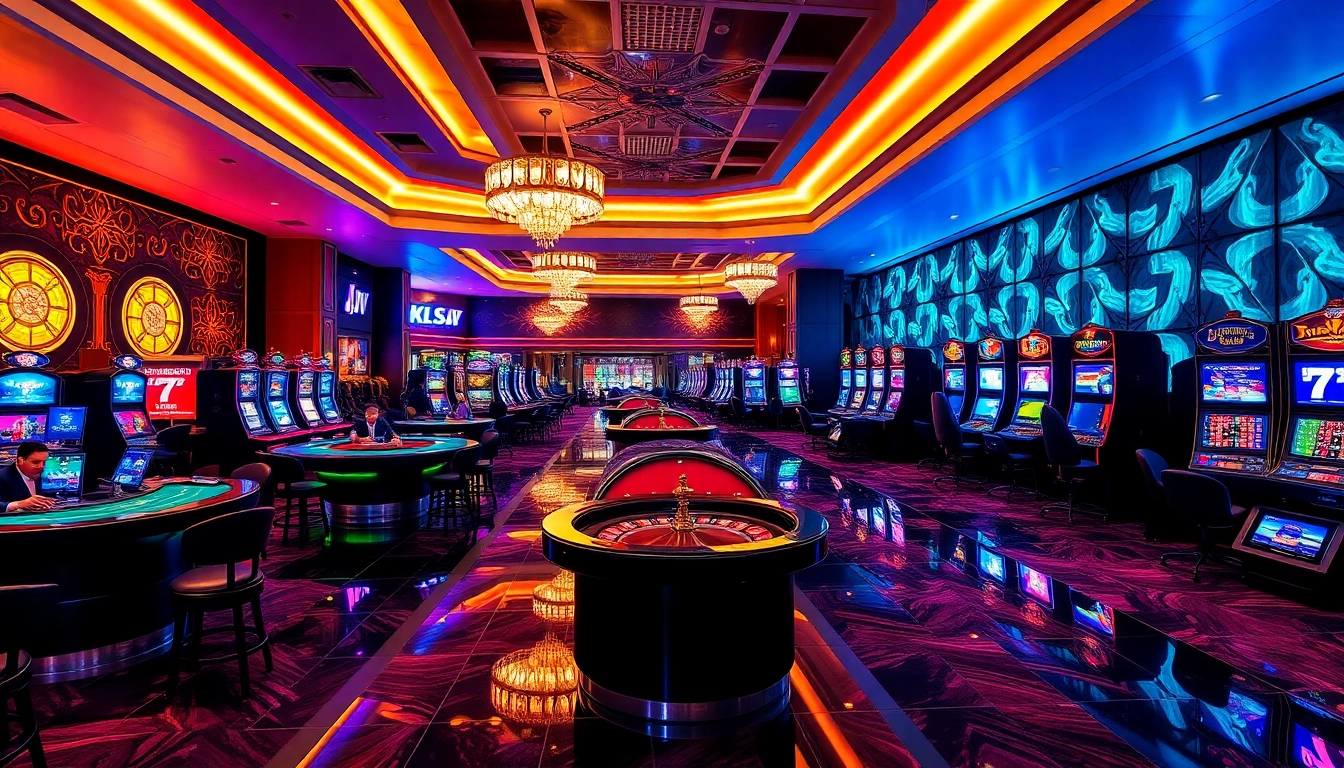 KJC casino scene showcasing thrilling gameplay at poker tables and bright slot machines.