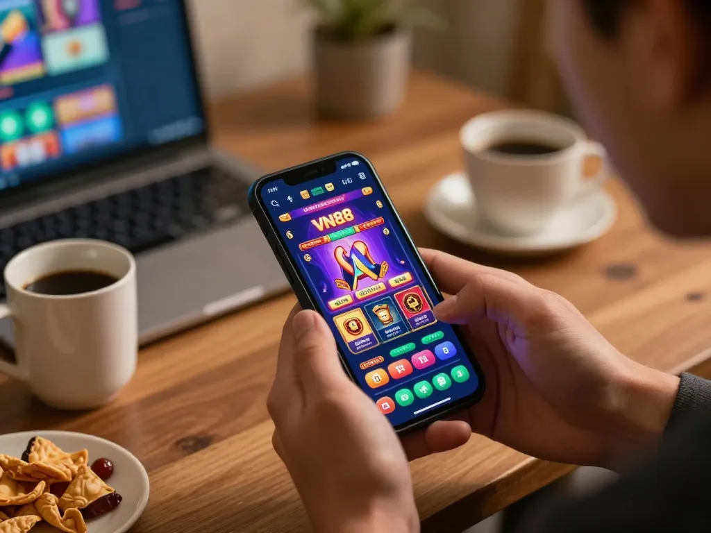 Engaging in mobile gambling on the VN88 app in a cozy home environment.
