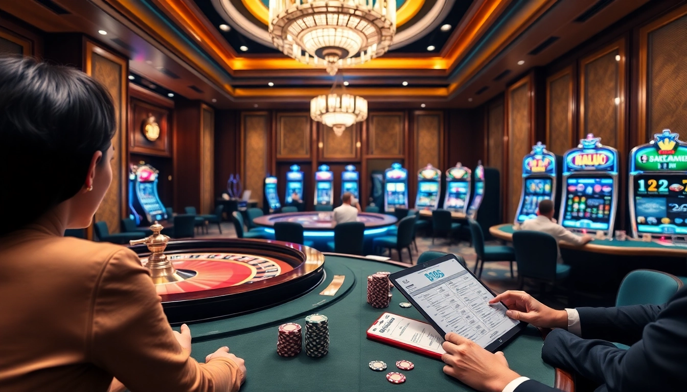 Experience high-stakes gambling at say88 with elegant casino tables and vibrant slot machines.