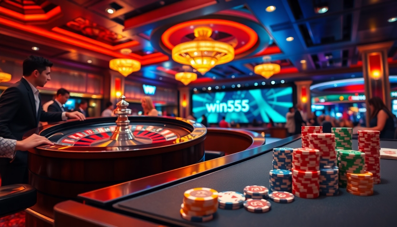 Win55 casino gameplay featuring roulette, poker chips, and vibrant atmosphere.