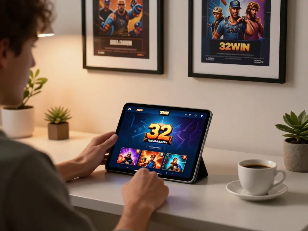 Player enjoying the 32win casino app in a cozy home setup, reflecting online gambling excitement.