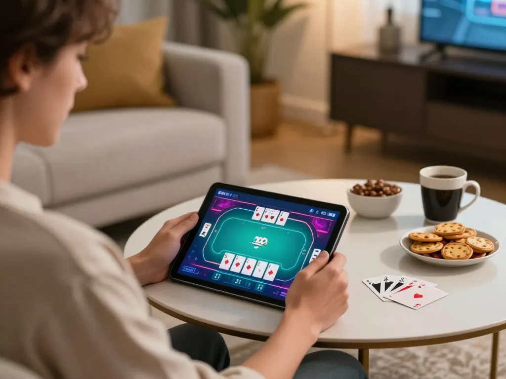 Playing poker on a tablet at https://mm88.fun/ with snacks and ambient lighting for a cozy experience.