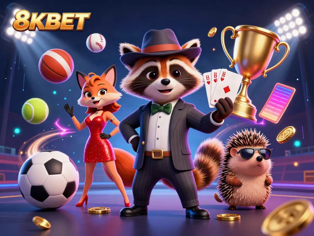 Experience the excitement of 8KBET with cartoon characters celebrating a royal flush and vibrant gambling elements.