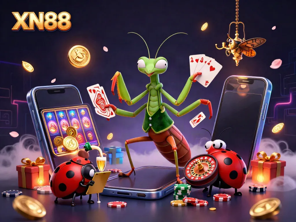 Xn88 showcases an energetic scene with a mantis card sharp and vibrant casino game elements.