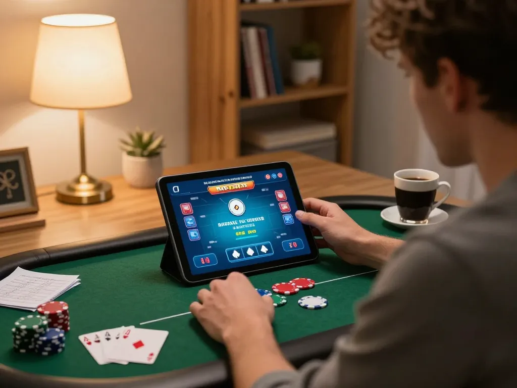 Player engaging in online poker on luck8l platform with strategic notes in cozy home setting.