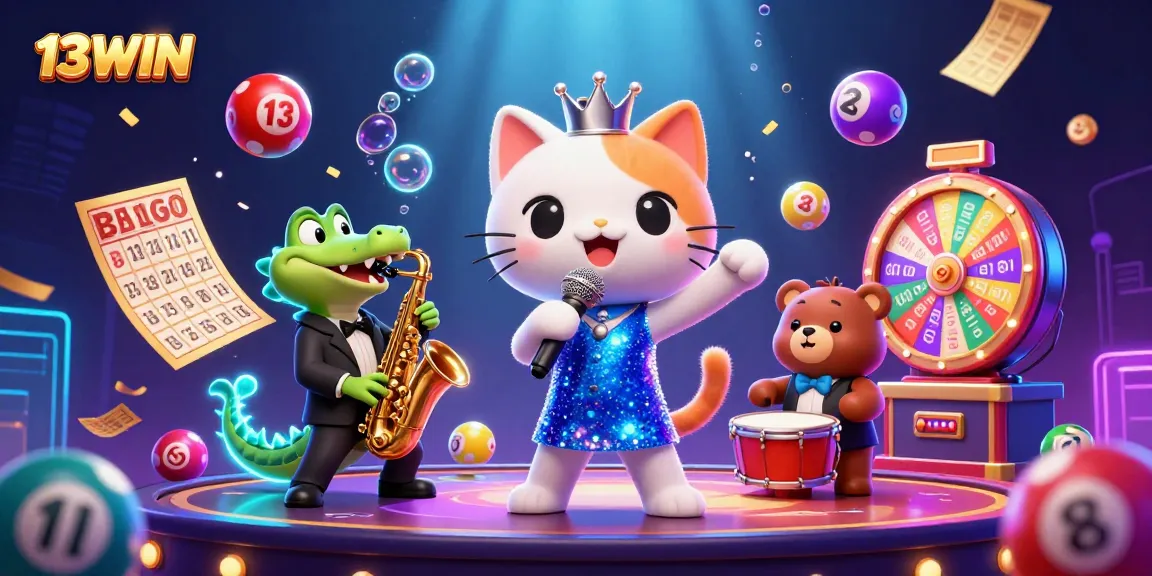 Experience the excitement of 13WIN with vibrant characters and lottery elements in a dynamic casino scene.