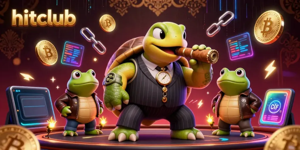 Experience the hitclub gaming atmosphere with vibrant 3D visuals showcasing a snapping turtle and bullfrogs amidst casino elements.