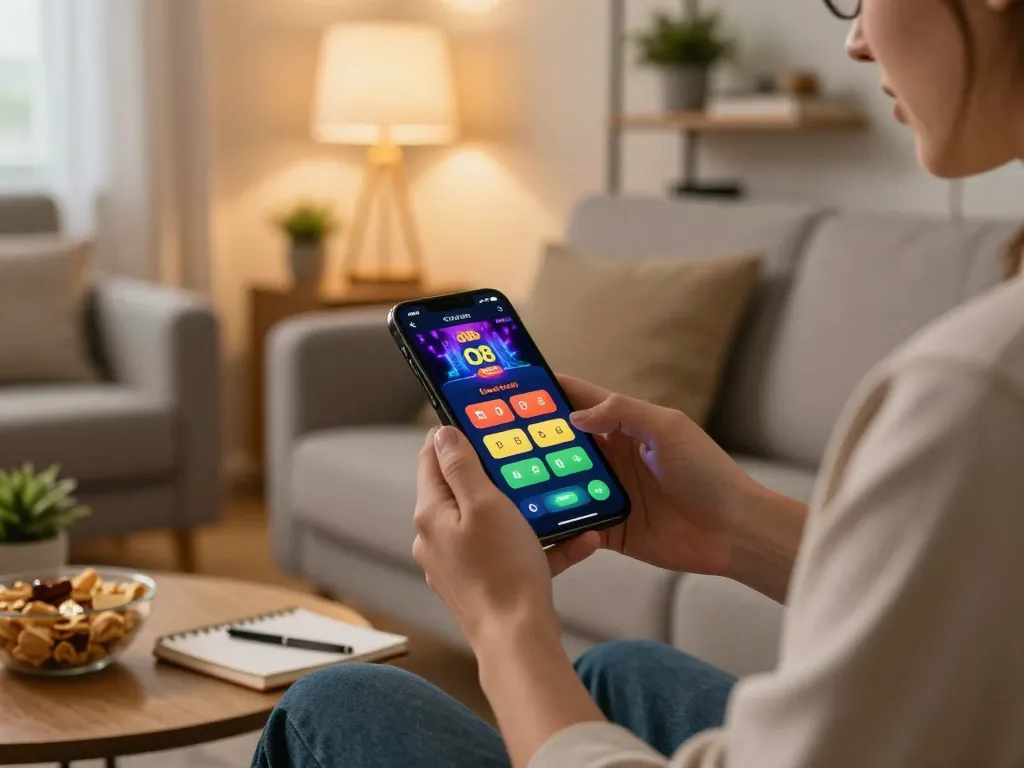 Player engaging with the O8 casino app on smartphone in a cozy home setting, showcasing online gambling.