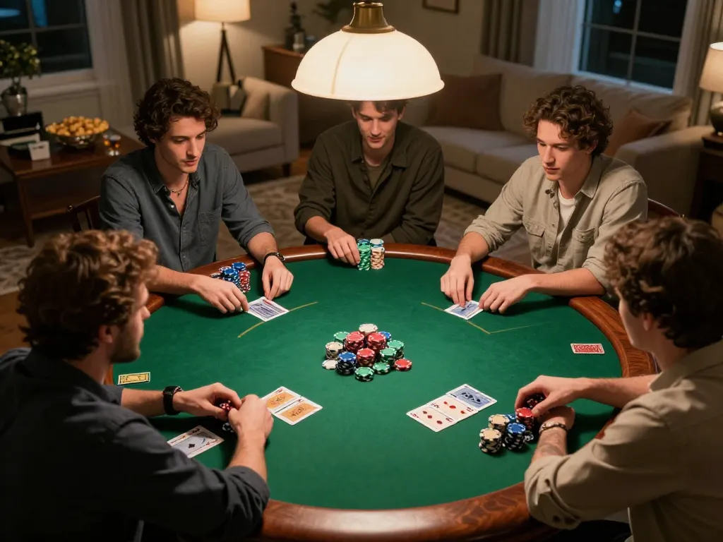 B52club players engage in a friendly poker game with tension and excitement at a home setting.
