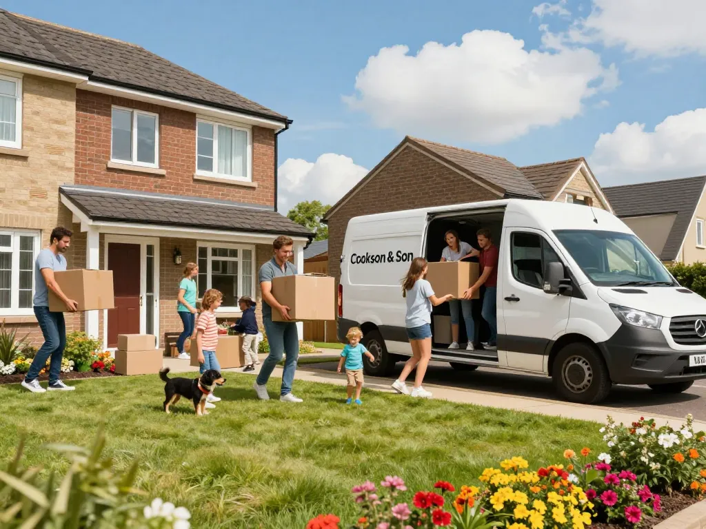 Removals Blackpool scene with family moving into a new home, Cookson & Son van, smiling movers, and vibrant garden.