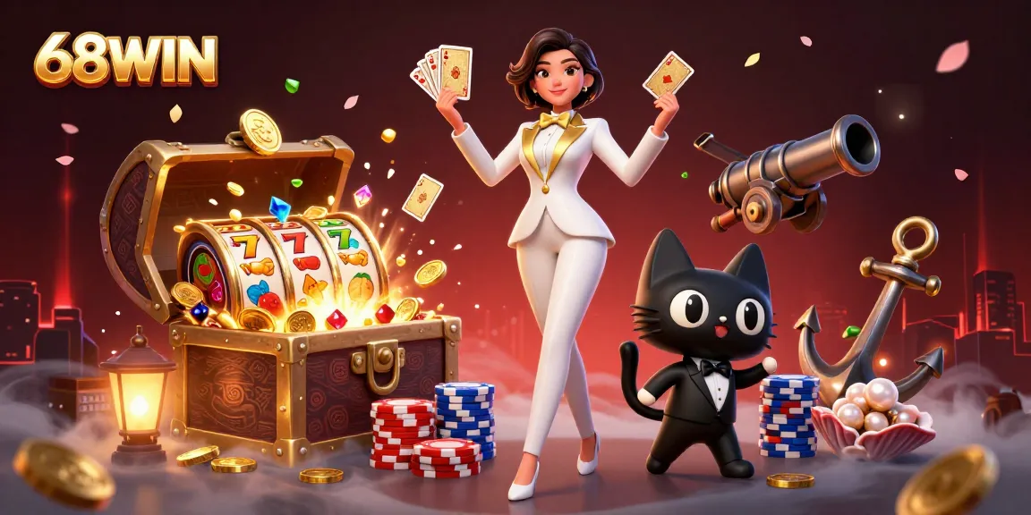 Join the 68WIN experience, where the glamorous dealer and playful cat enjoy dynamic slots action!