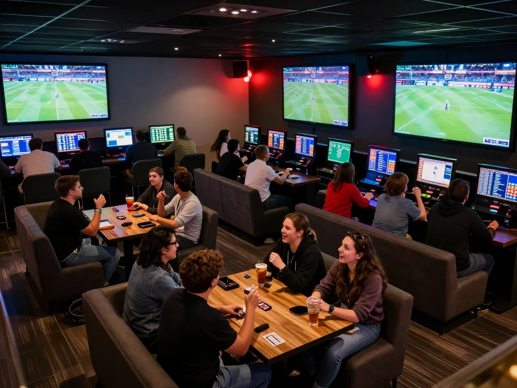 Fans engaging in sports betting excitement at keonhacaii88 in a vibrant lounge setting.