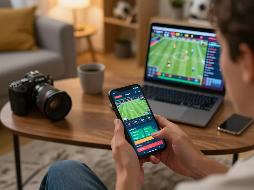 Engaging in mobile betting on GG88 app, with real-time odds displayed in a cozy home setting.