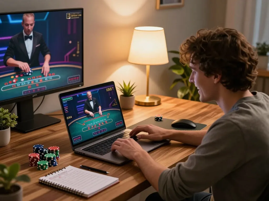 Player engaged in dynamic online blackjack game on laptop, showcasing gbong excitement and strategic betting.