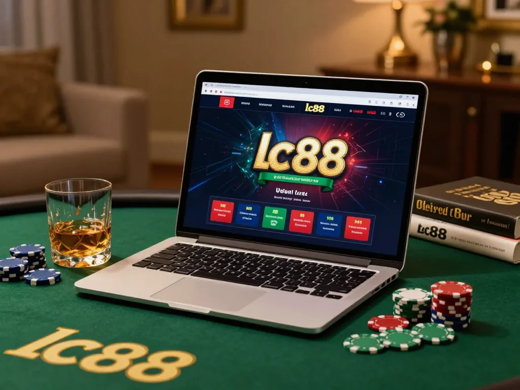 Engaging with lc88 online casino platform while enjoying a drink and poker chips in a cozy home setup.