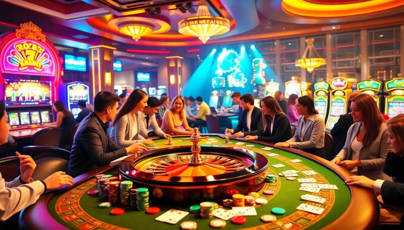 Players engaging in high-stakes gambling at thabet casino table with vibrant chips and cards.