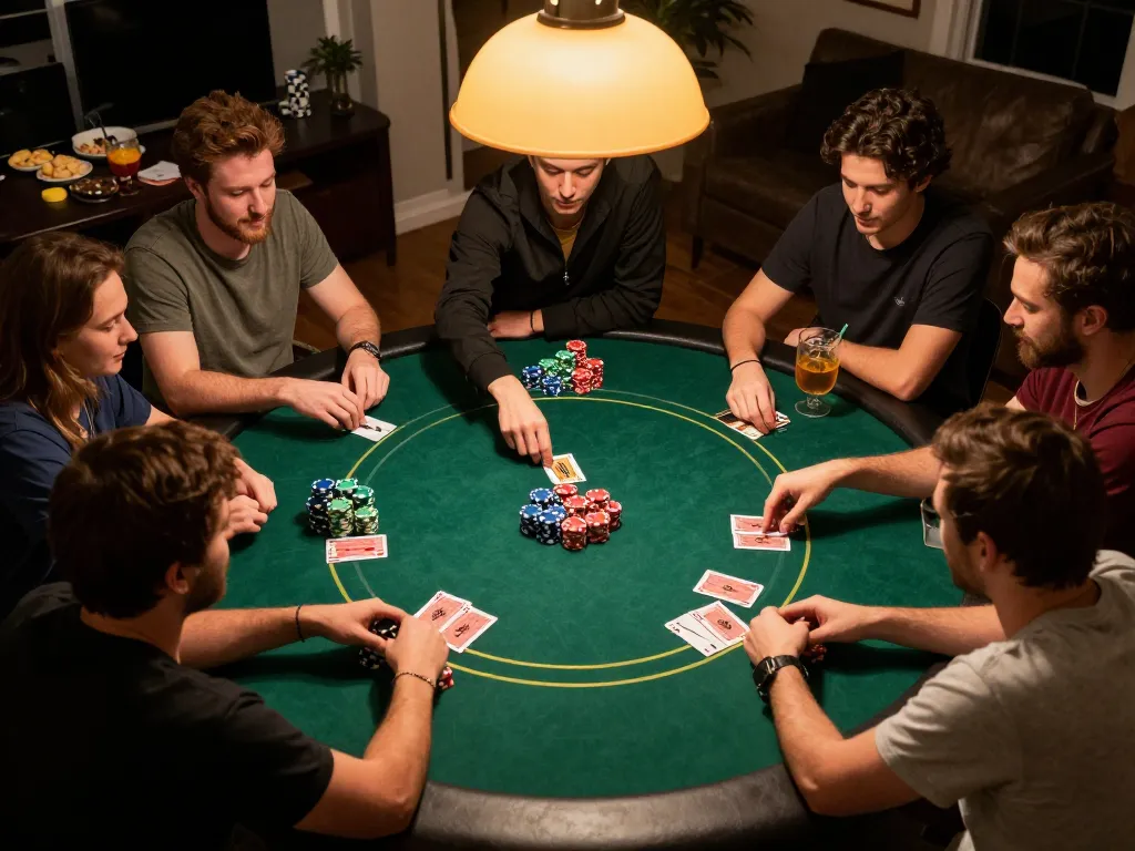 Players enjoying a fun poker night at home, with thabet cards dealt on a green felt table, camaraderie evident.